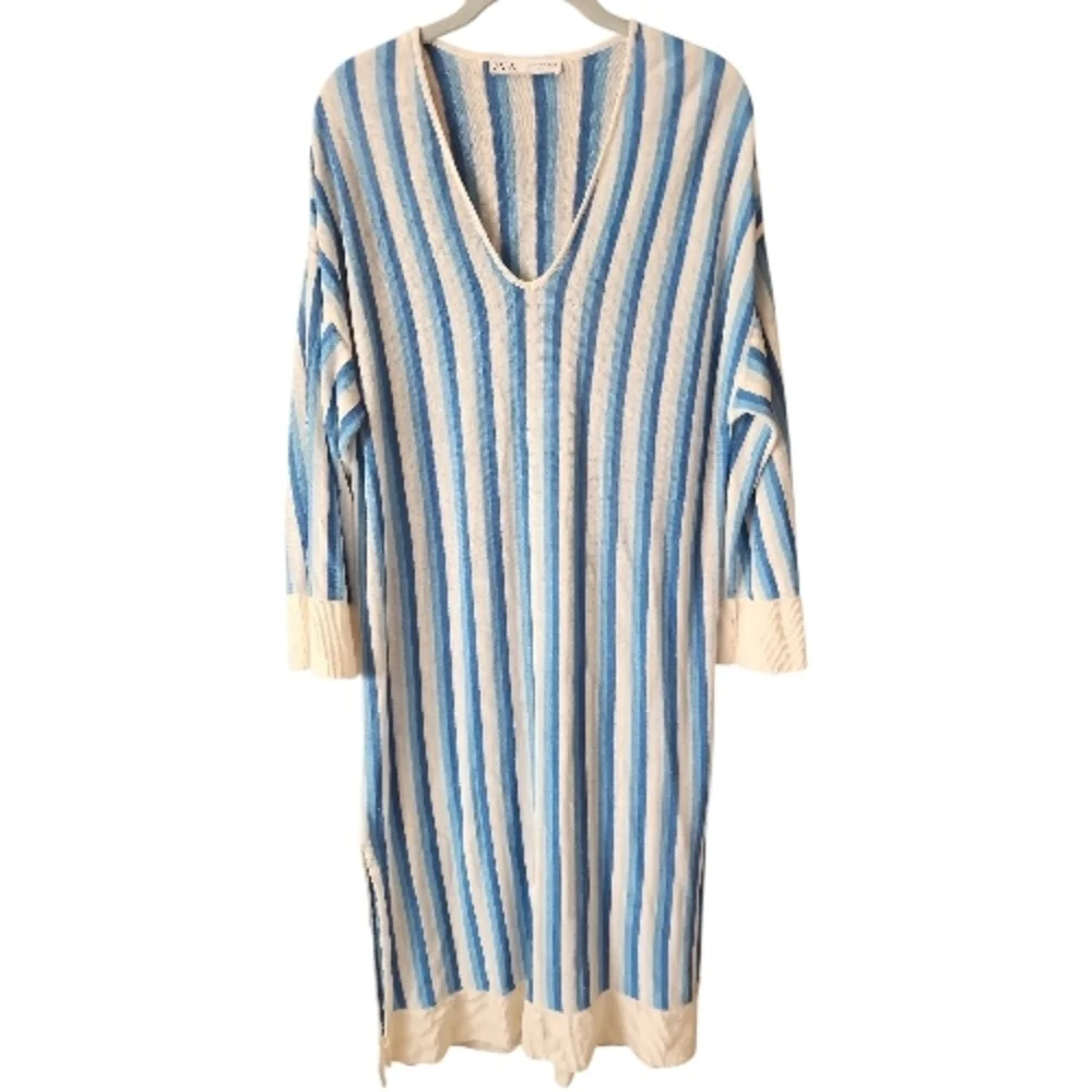 ZARA | Linen Knit Striped V-Neck Tunic Dress Swim Cover Up Blue Cream Beach | M